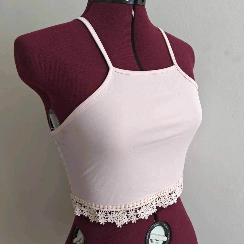 Small Medium Soft Pink Floral Lace‎ Hem Trim Halter Crop Top Spaghetti Strap